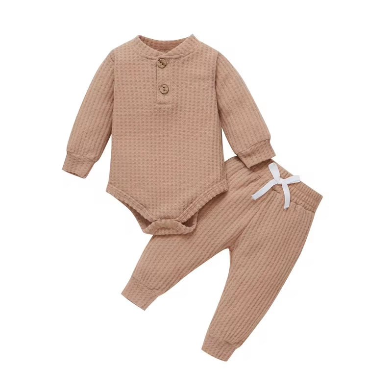 Solid Color Newborn Baby Knitted Warm 2Pcs Suit Toddler Girl Boy Long Sleeve Romper Tops Pants Fall Winter Homewear 2021