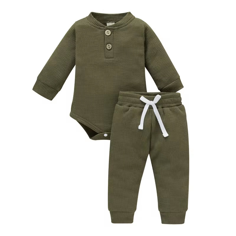 Solid Color Newborn Baby Knitted Warm 2Pcs Suit Toddler Girl Boy Long Sleeve Romper Tops Pants Fall Winter Homewear 2021